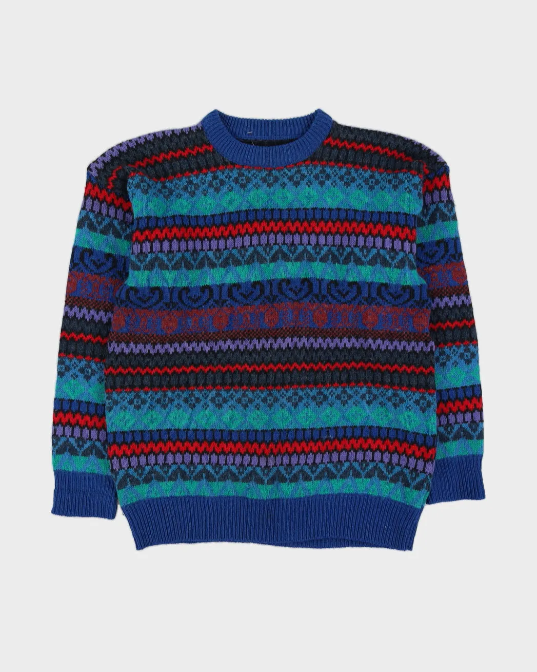 00s Blue Patterned Knitted Jumper - M