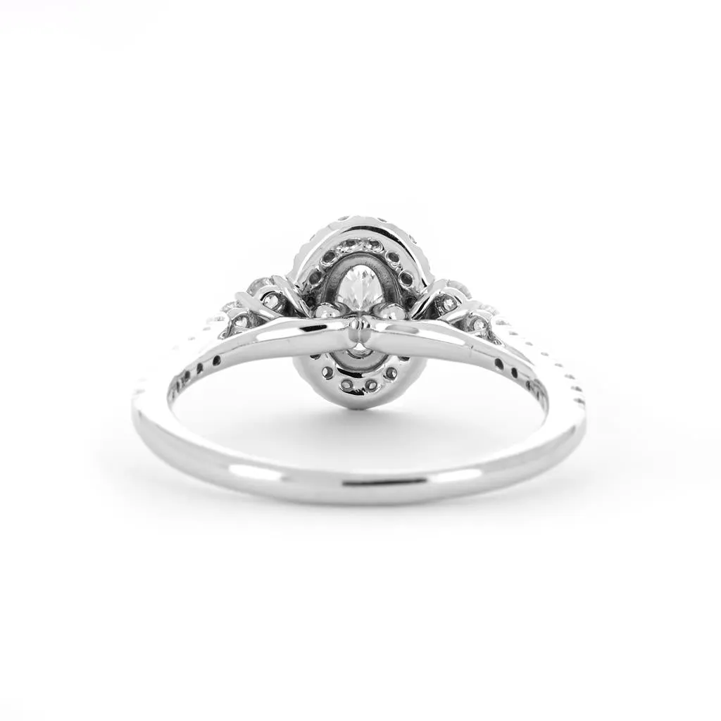 0.95ctw Oval Diamond Engagement Ring, Trio Cluster, Halo, Pavê Band - 14K White Gold