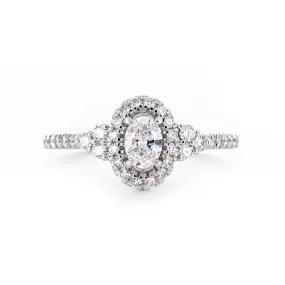 0.95ctw Oval Diamond Engagement Ring, Trio Cluster, Halo, Pavê Band - 14K White Gold