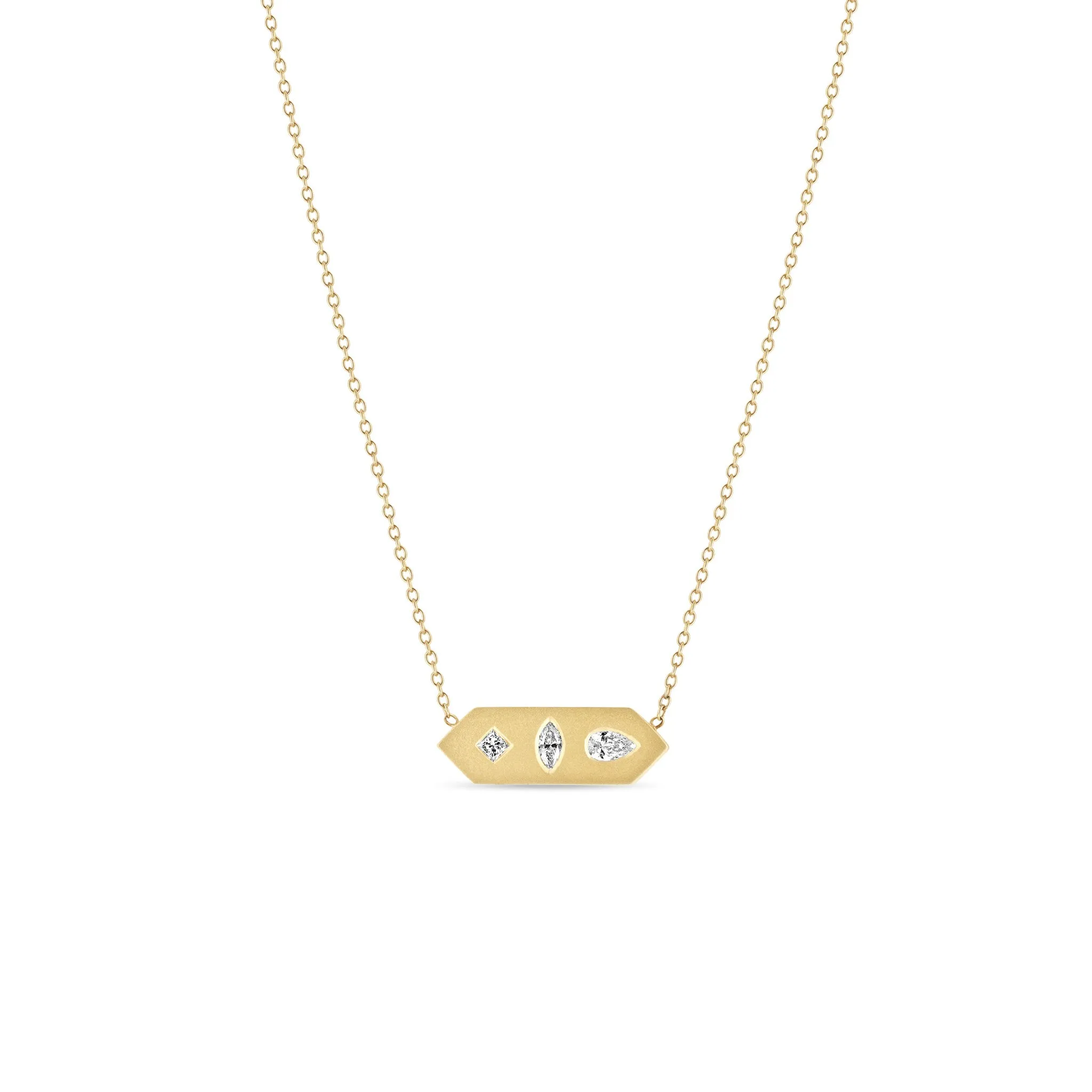 14k Diamond Mosaic Brushed Gold Horizontal Hexagon Tag Necklace