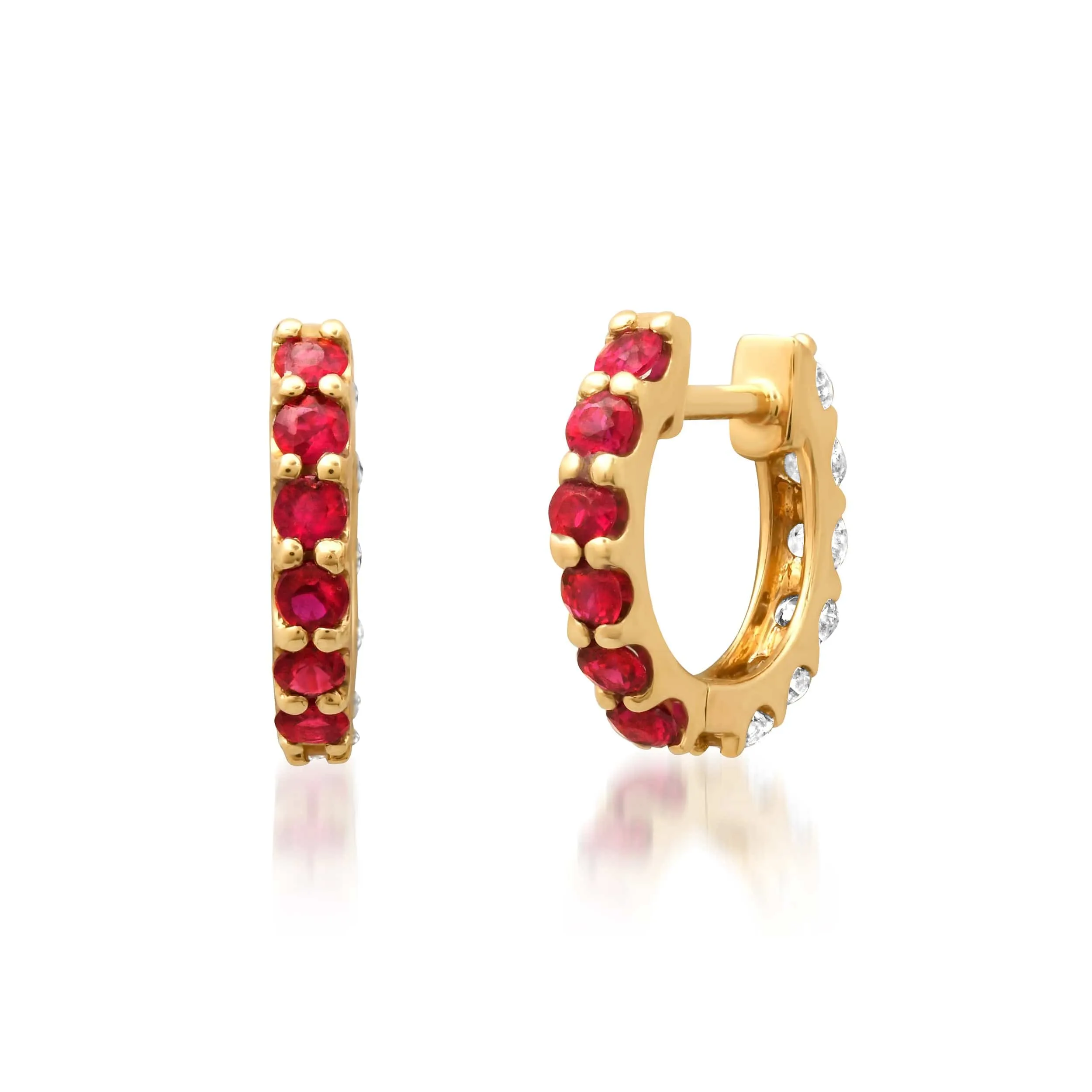 14K Gold Half & Half Ruby & Diamond Huggie Hoops Earrings