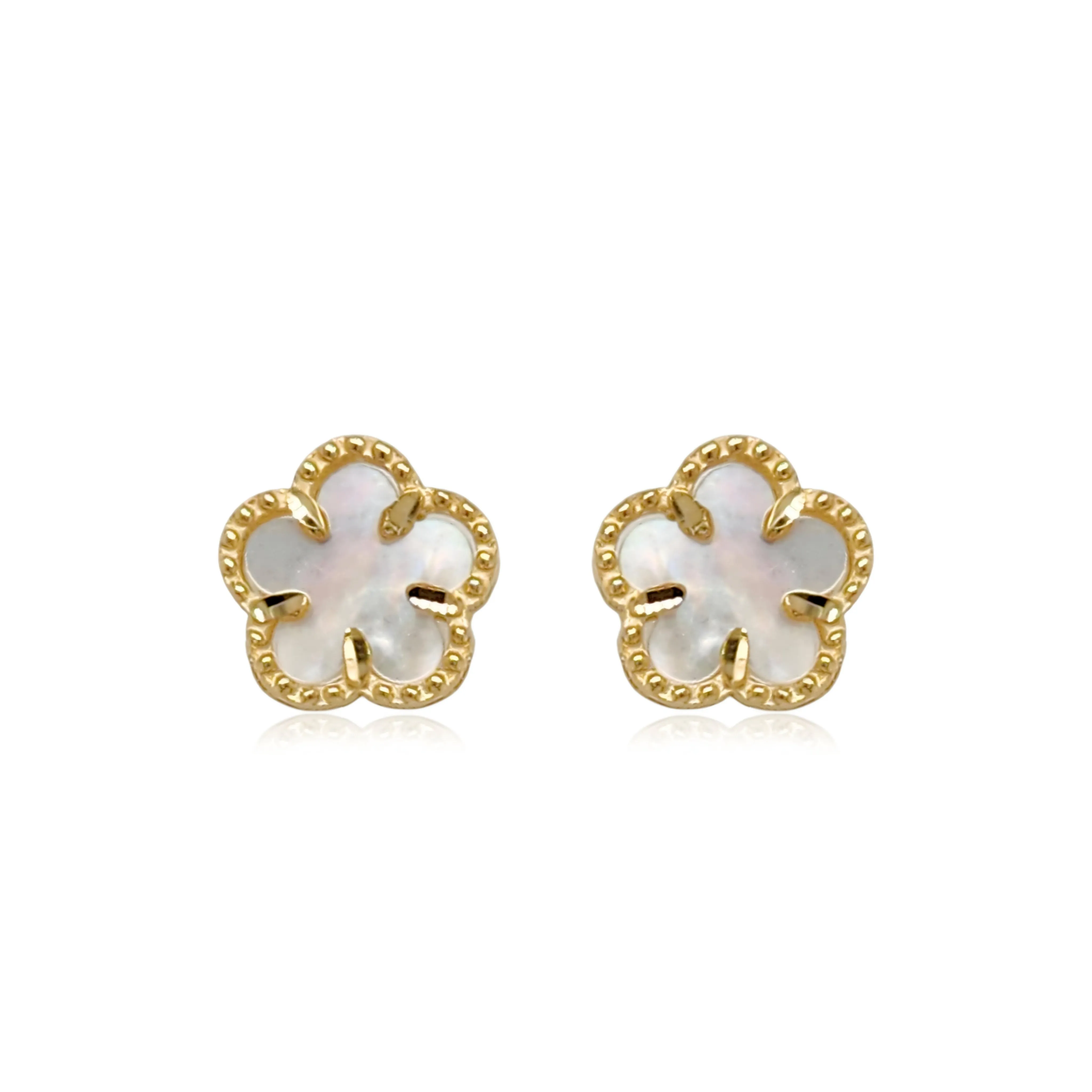 14k Gold Mother of Pearl Flower Stud Earrings with Beaded Border