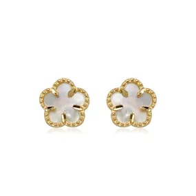 14k Gold Mother of Pearl Flower Stud Earrings with Beaded Border