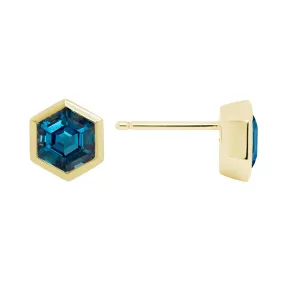 14K YELLOW GOLD HEXAGON BLUE TOPAZ STUD EARRINGS