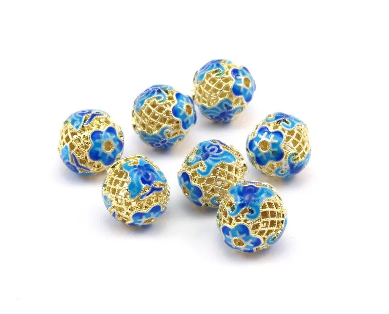 2 Brass Enamel Round Blue Beads 13mm B-2