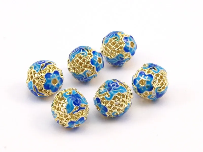 2 Brass Enamel Round Blue Beads 13mm B-2