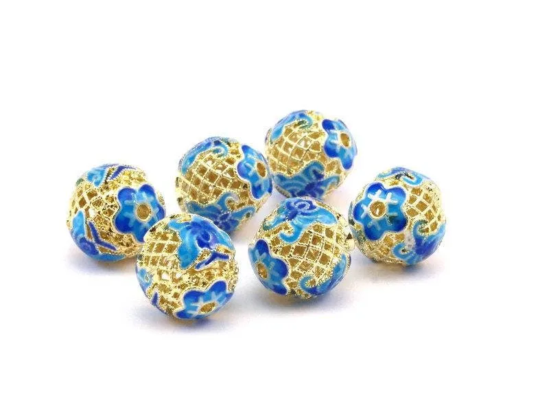 2 Brass Enamel Round Blue Beads 13mm B-2