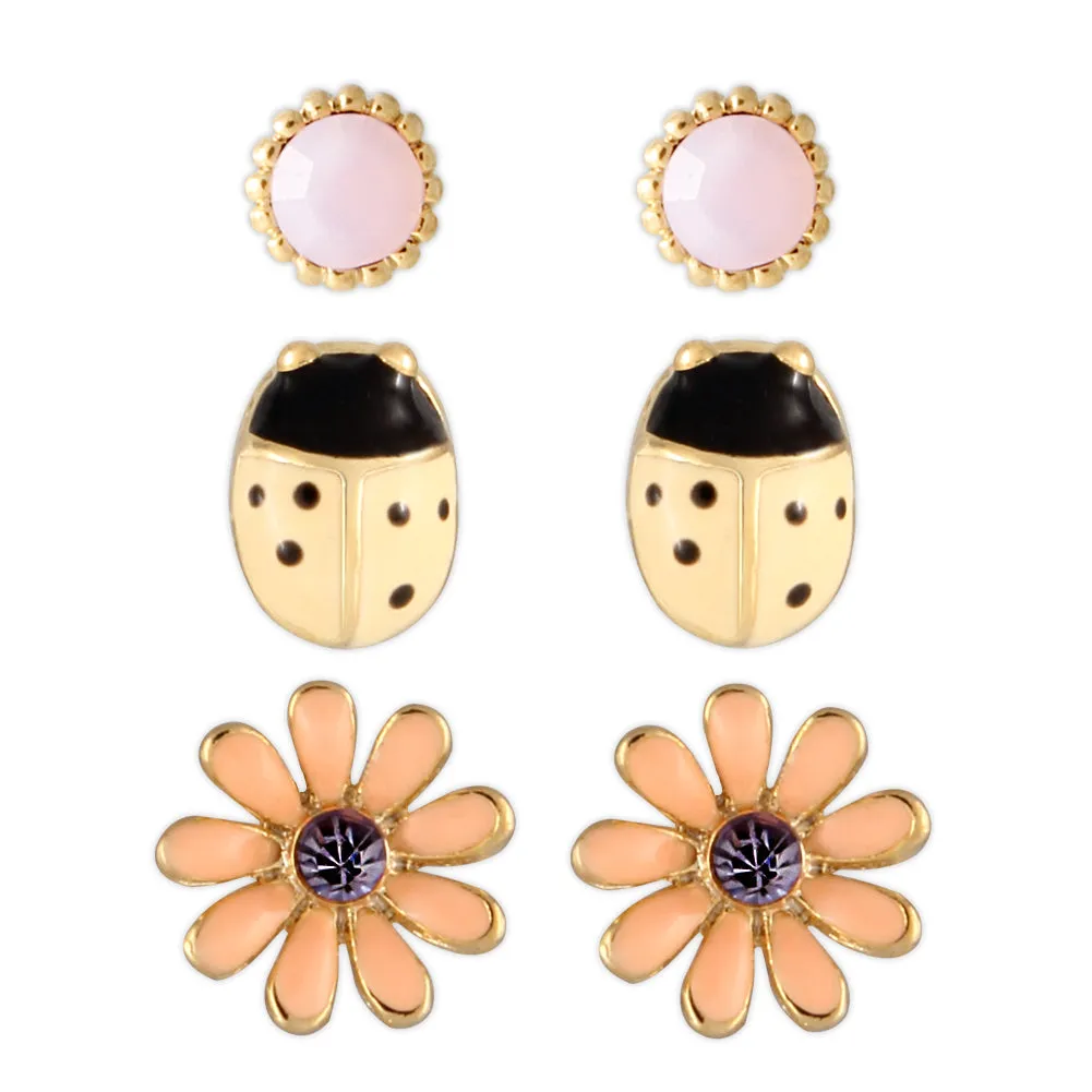 3 set of Ladybug Daisy and Round CZ earrings for Girls