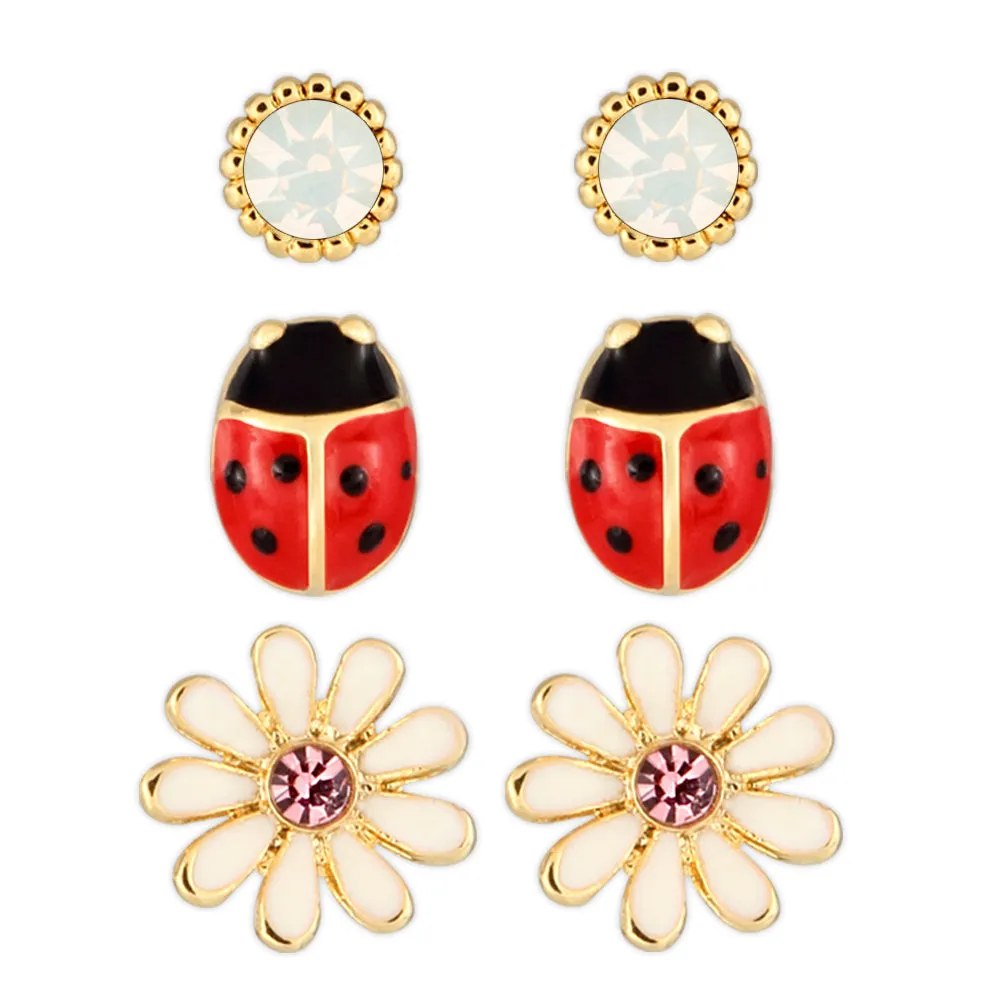 3 set of Ladybug Daisy and Round CZ earrings for Girls