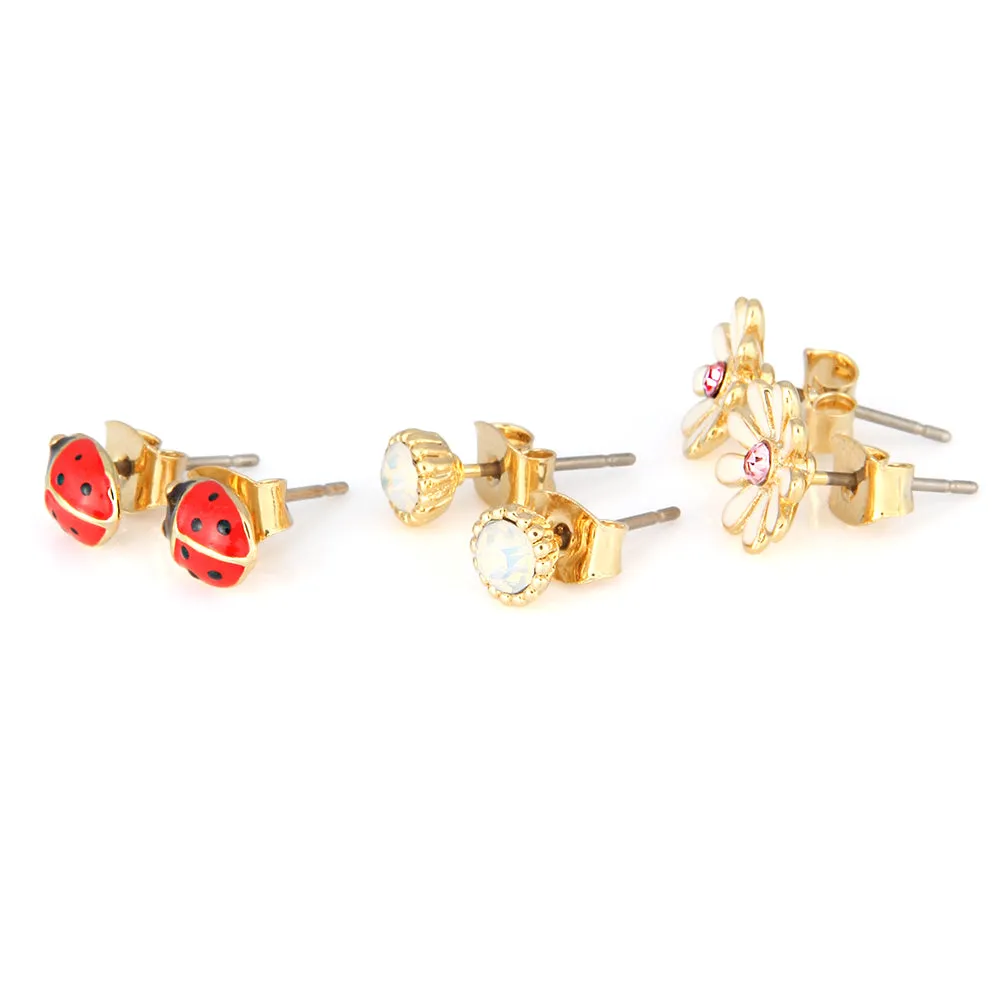 3 set of Ladybug Daisy and Round CZ earrings for Girls