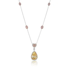 AMUN 6 CARAT PEAR SHAPE VS2 CLARITY  LIGHT YELLOW DIAMOND NECKLACE HALO PLATINUM & 18K GOLD GIA CERTIFIED 5 CT LY VS2 BY MIKE NEKTA