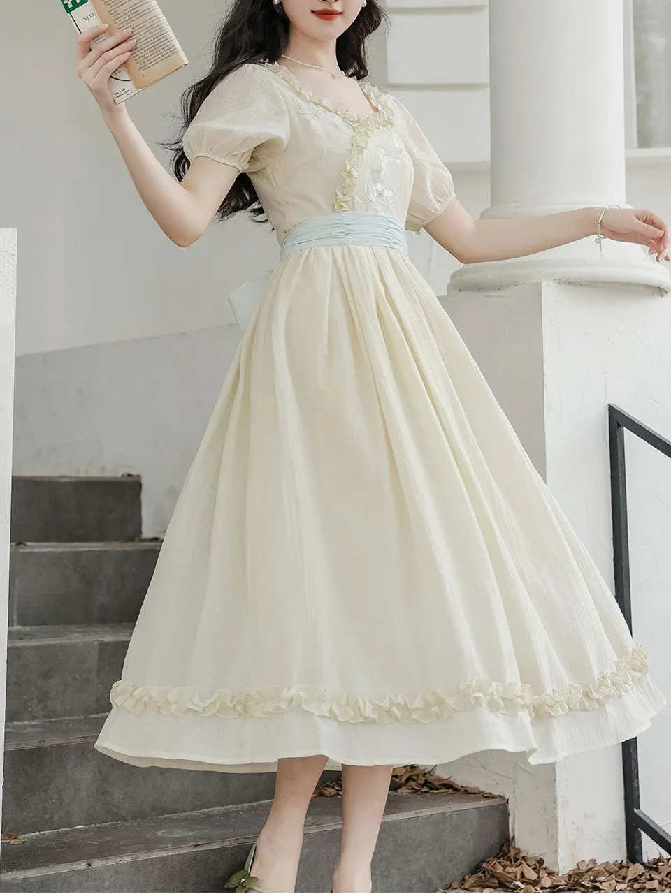 Apricot V Neck Floral Ruffles Princess Puff Sleeve Vintage Dress