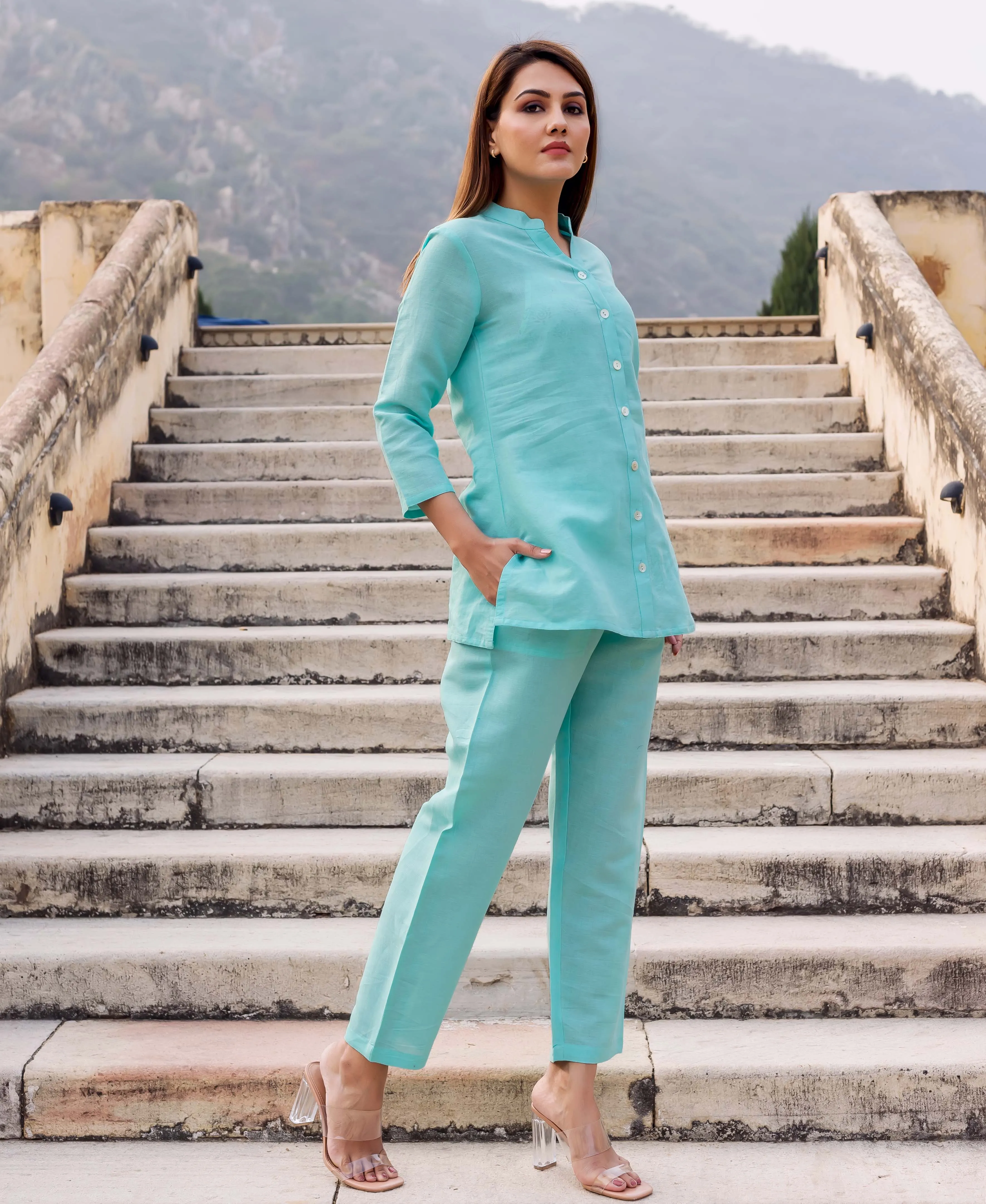 Aqua Blue Linen Power Suit Set