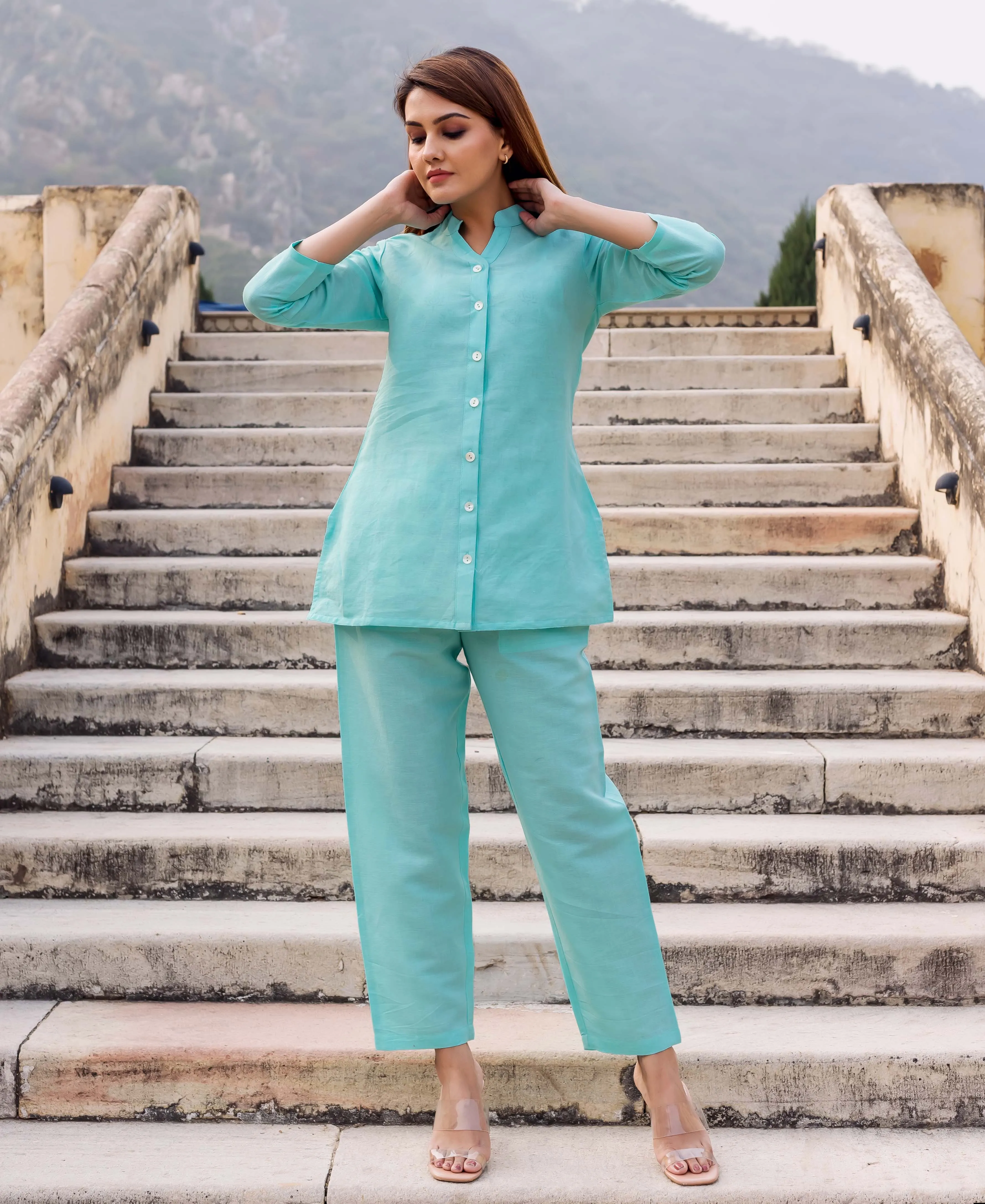 Aqua Blue Linen Power Suit Set