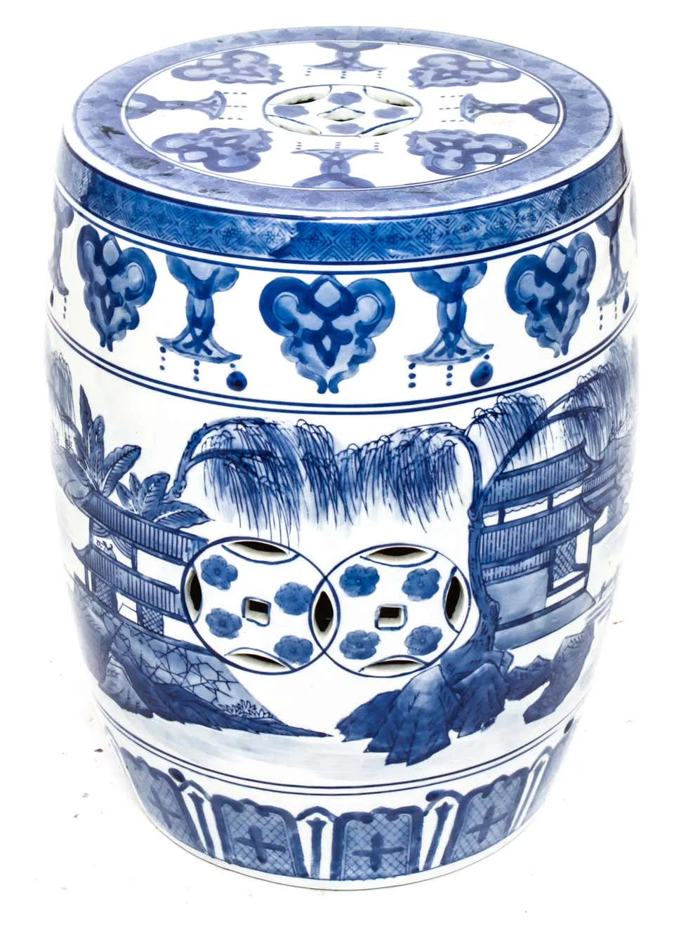 Asian Blue & White Porcelain Garden Seat with Temple Scenes