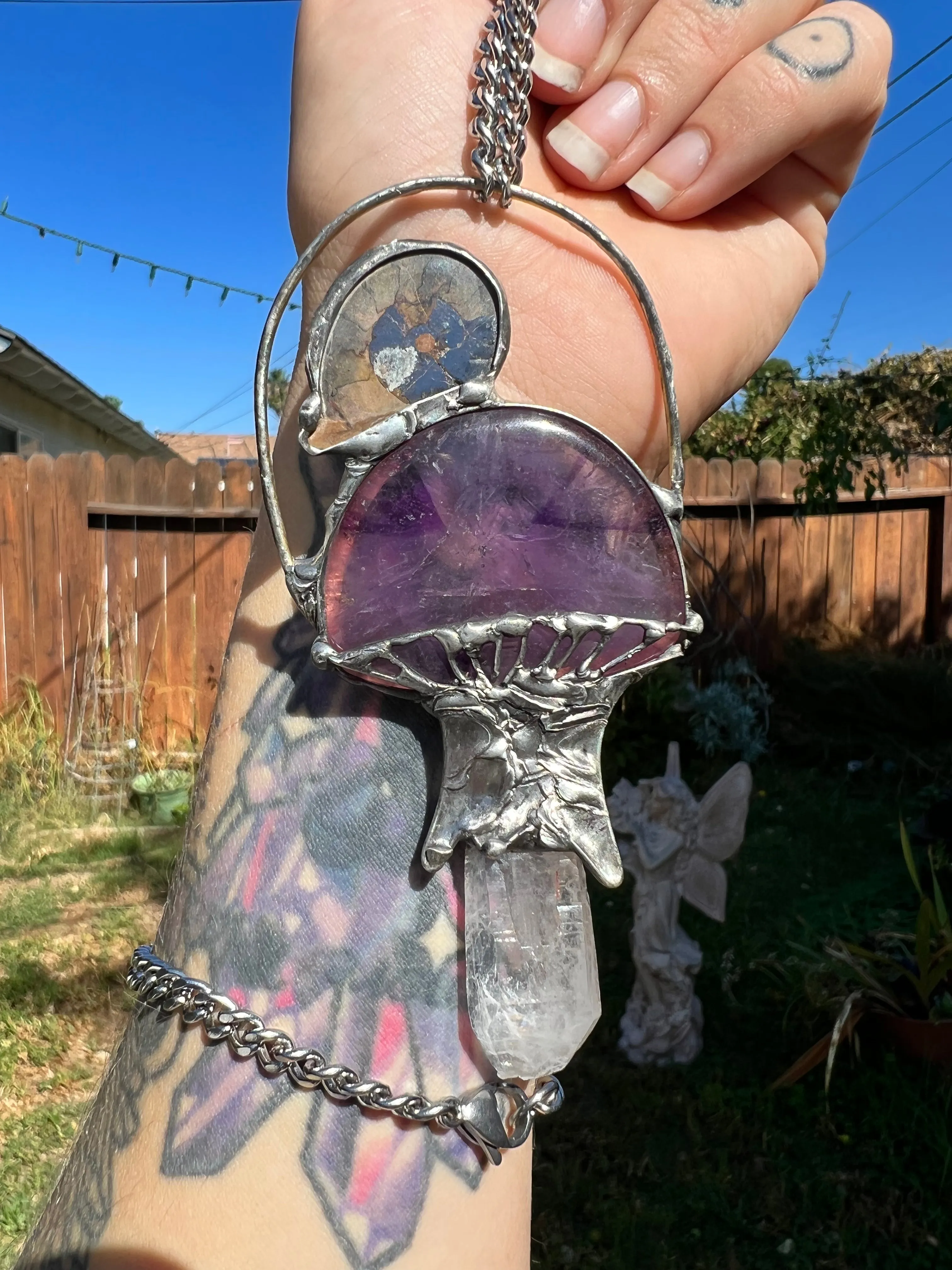 Atomic Amethyst and Quartz mushroom with Ammonite snail amulet