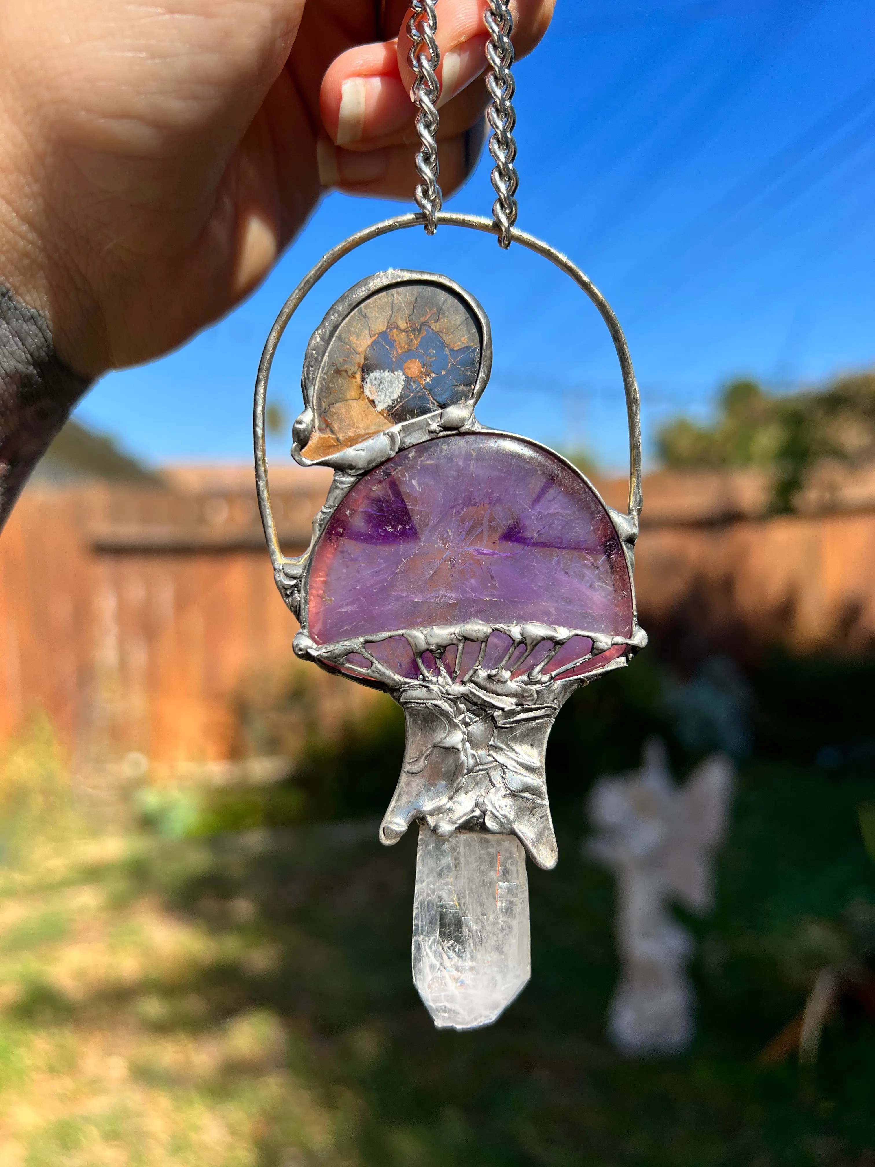 Atomic Amethyst and Quartz mushroom with Ammonite snail amulet