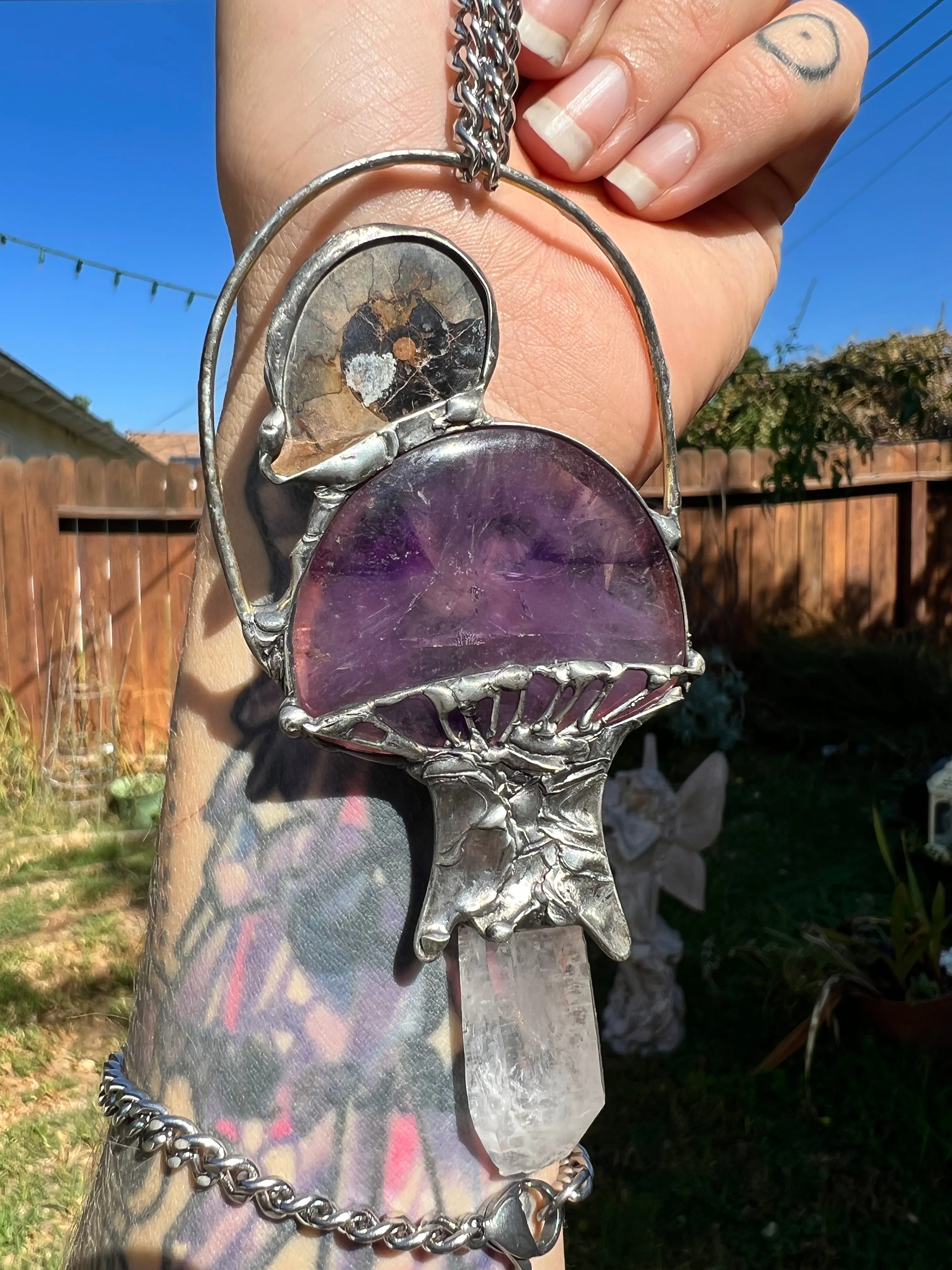 Atomic Amethyst and Quartz mushroom with Ammonite snail amulet