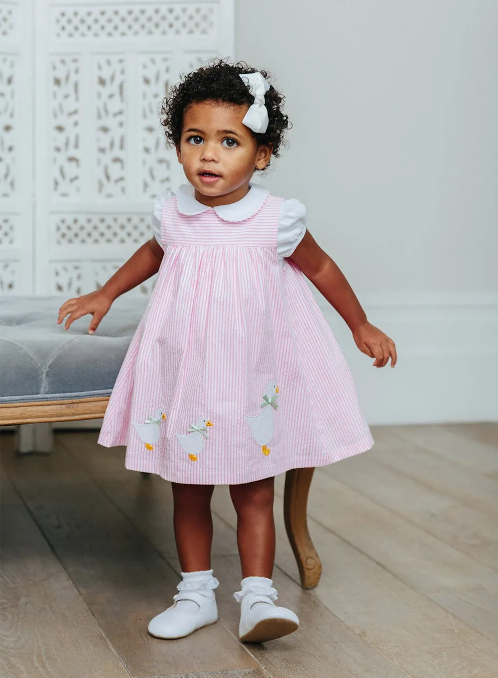 Baby Duck Striped Pinafore in Bright Pink Stripe