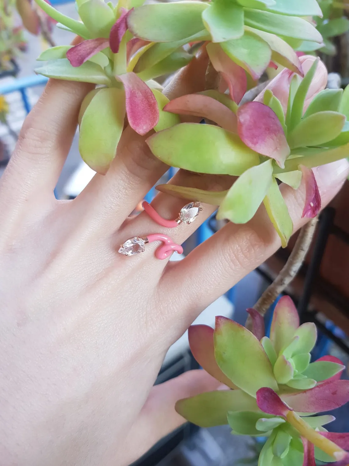 Bea Bongiasca - Double Vine Tendril Ring with Rock Crystal and Pink Enamel, Rose Gold and Silver