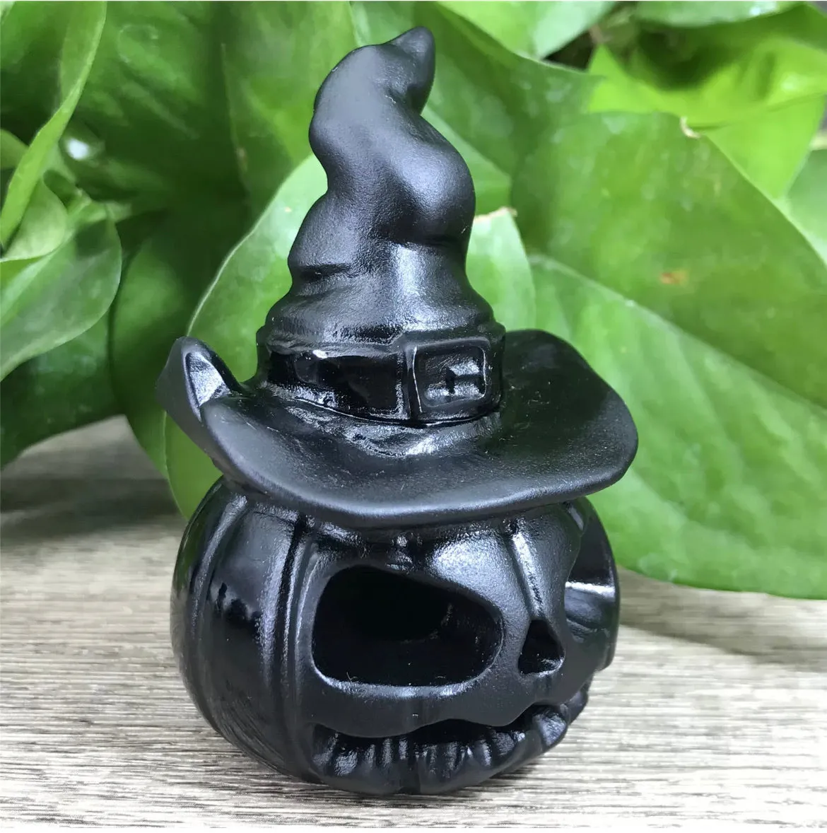 Black Obsidian gemstone carved Hallowee Pumpkin Witch