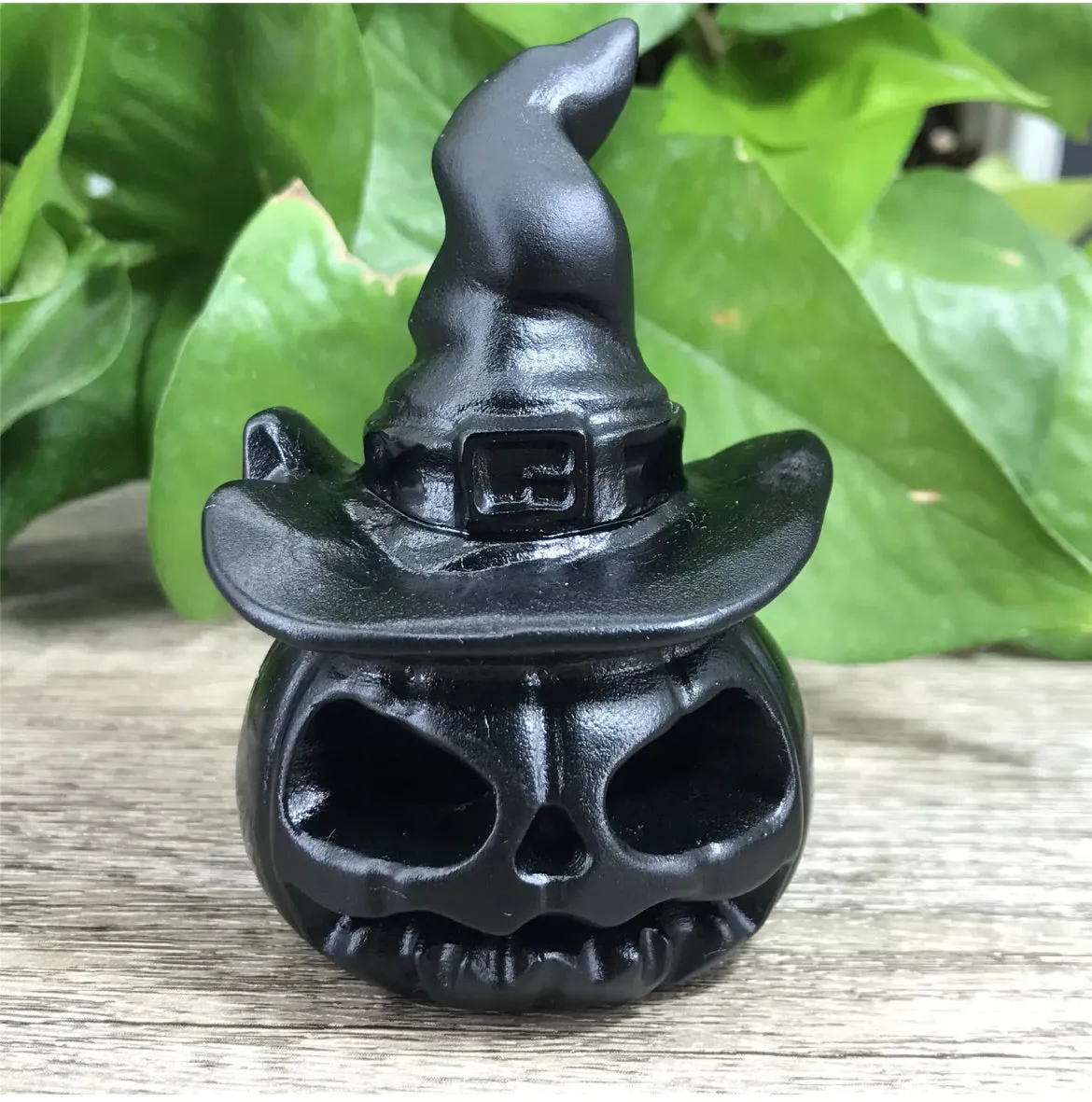 Black Obsidian gemstone carved Hallowee Pumpkin Witch