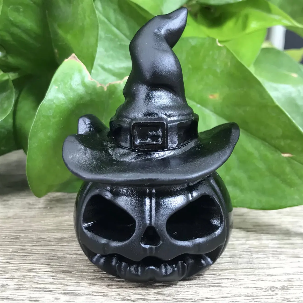 Black Obsidian gemstone carved Hallowee Pumpkin Witch