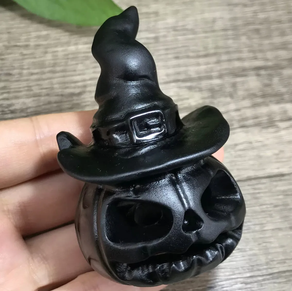 Black Obsidian gemstone carved Hallowee Pumpkin Witch