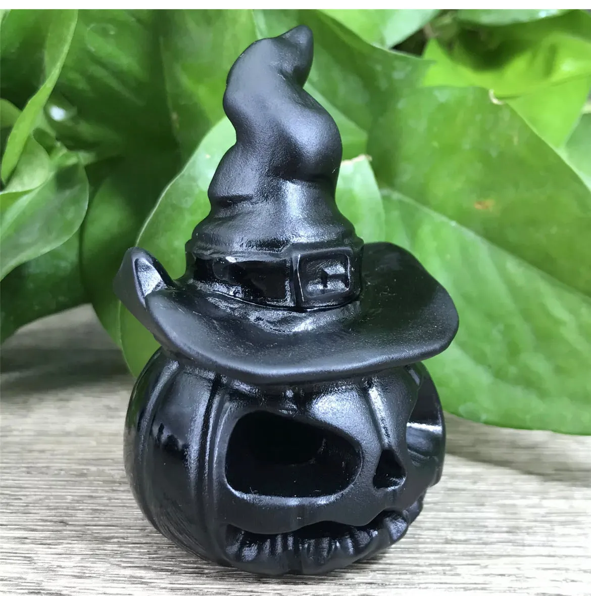 Black Obsidian gemstone carved Hallowee Pumpkin Witch