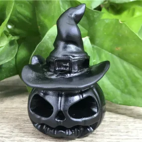 Black Obsidian gemstone carved Hallowee Pumpkin Witch