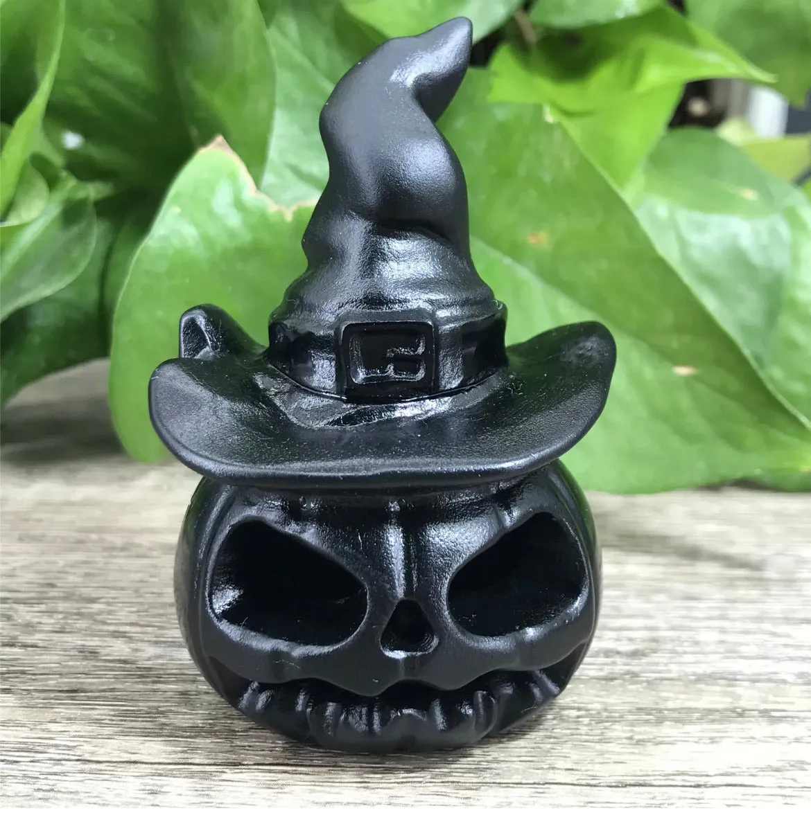 Black Obsidian gemstone carved Hallowee Pumpkin Witch