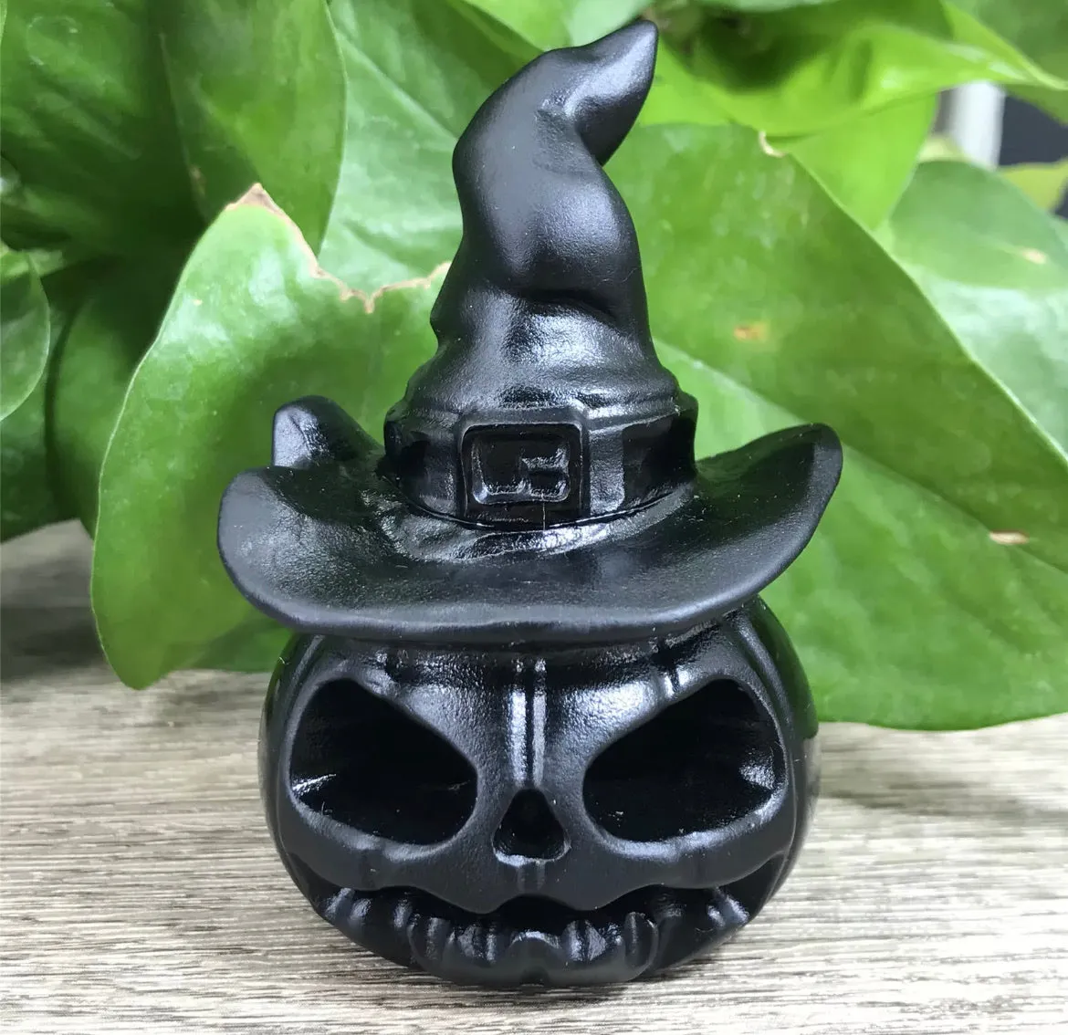 Black Obsidian gemstone carved Hallowee Pumpkin Witch