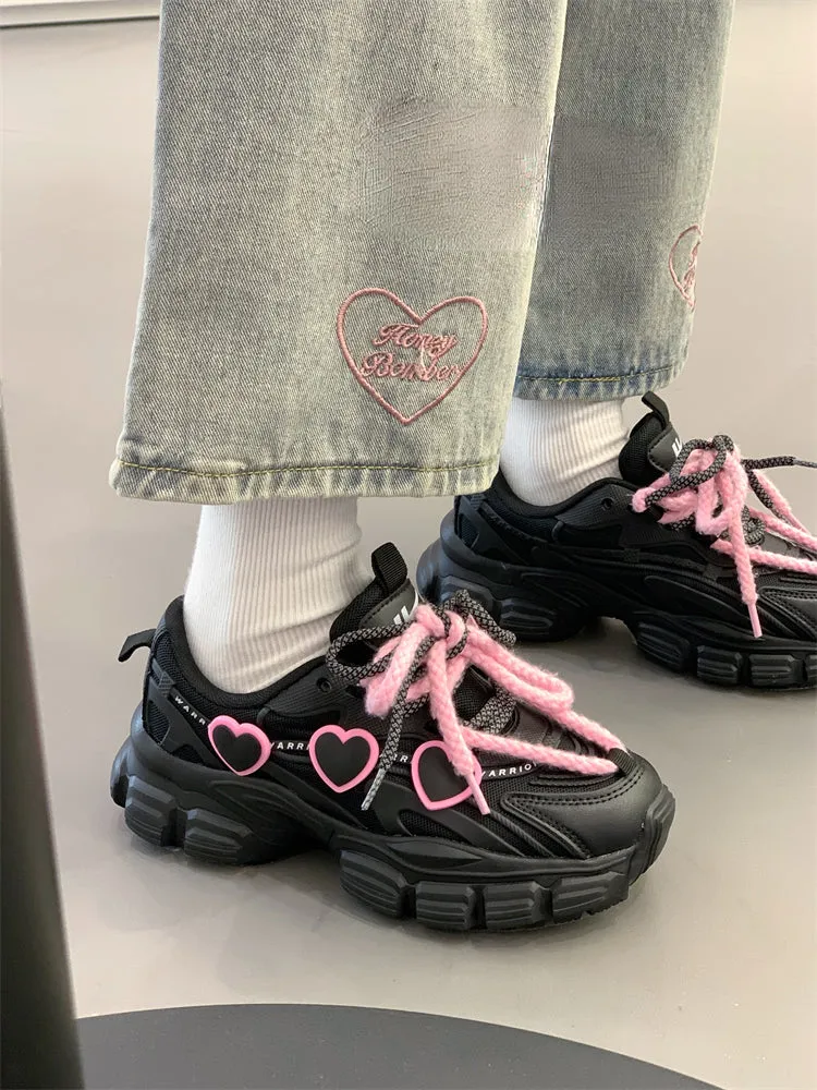 Black Pink Heart Sneakers Shoes Lovercore - Kimi