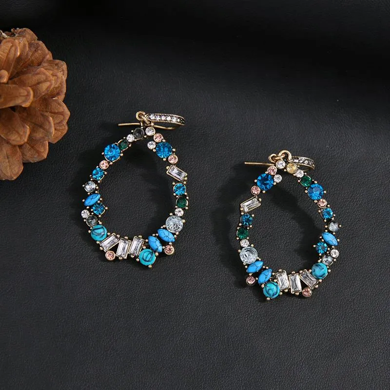 Blue Crystals Teardrop Pierced Hoop Earring