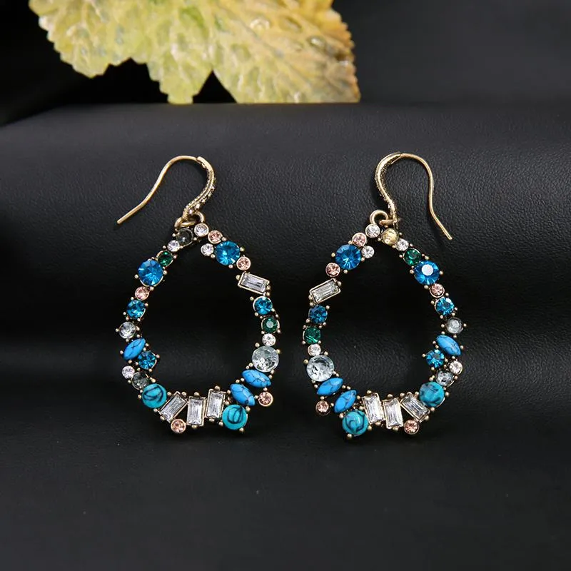 Blue Crystals Teardrop Pierced Hoop Earring