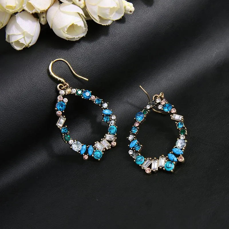 Blue Crystals Teardrop Pierced Hoop Earring