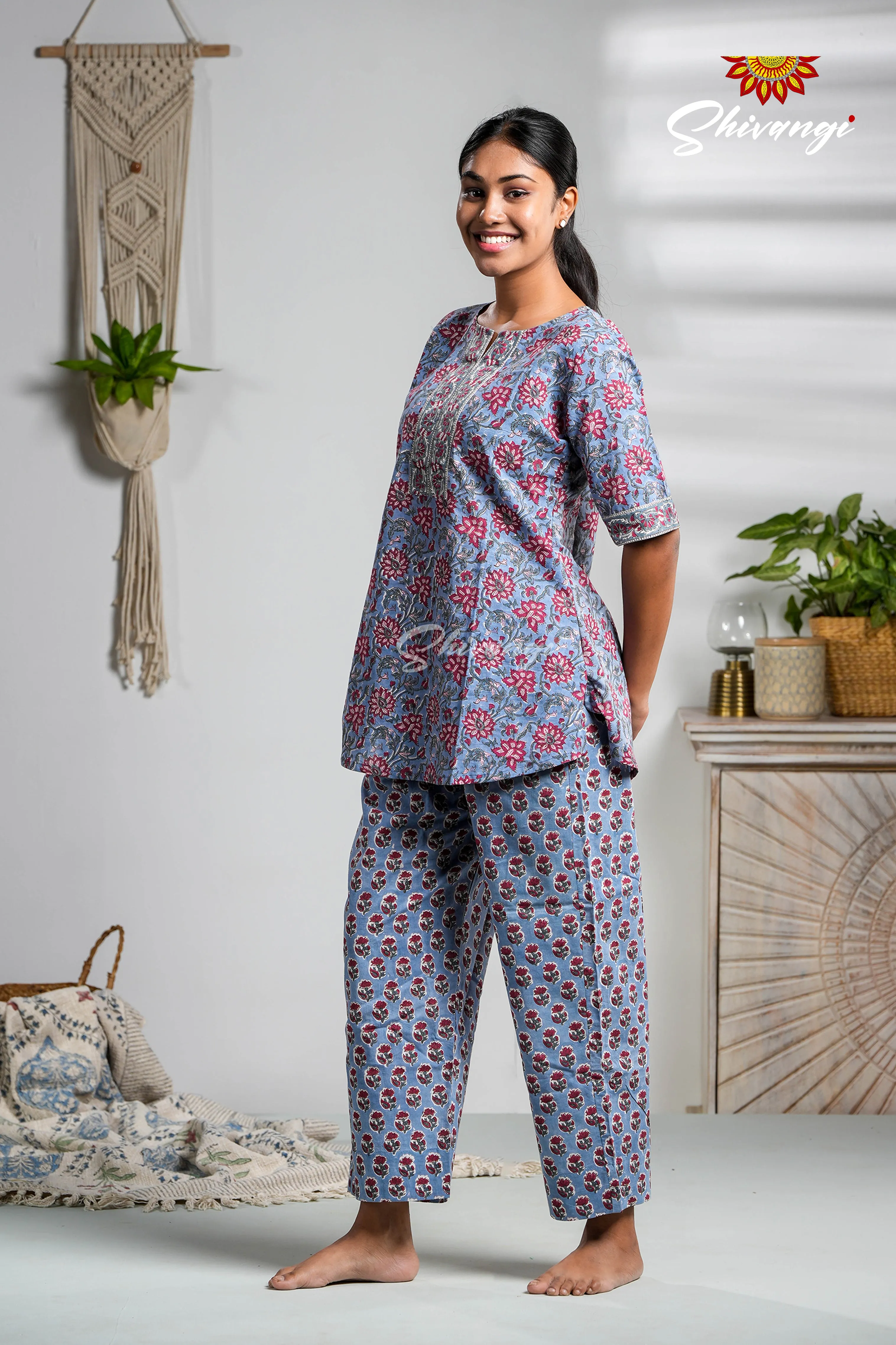 Blue Floral Print Cotton Night Wear Set For Women !!!