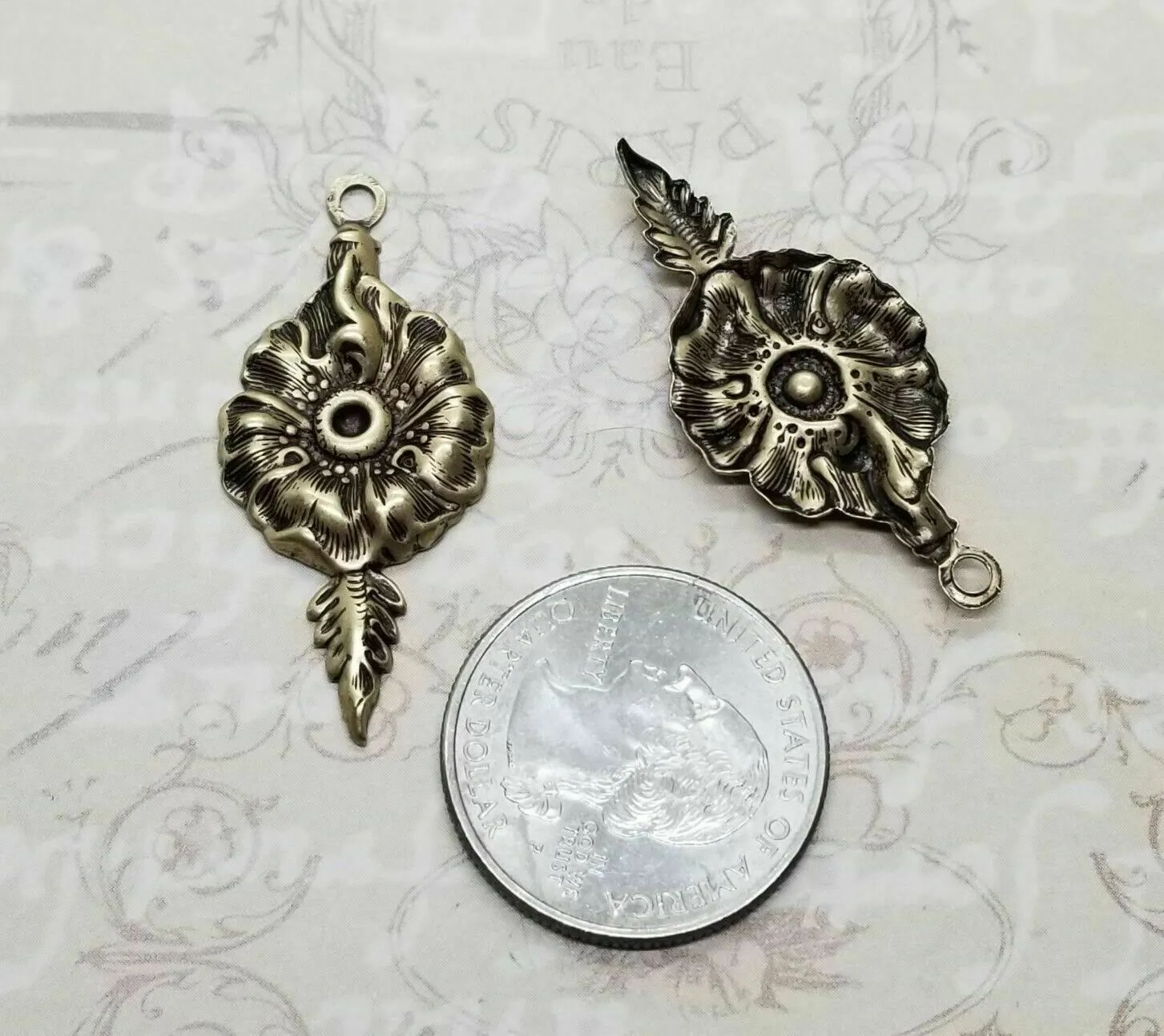 Brass Ornate Pansy Drop Charm x 2 - 96RAT.