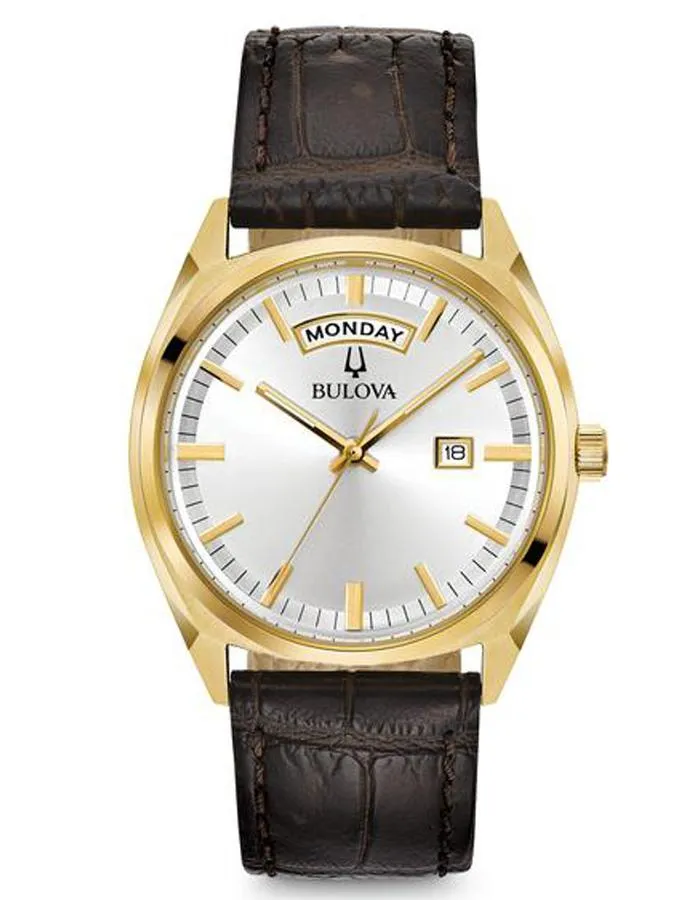 Bulova Mens Classic Watch - Gold-Tone - Silver-White Dial - Brown Leather Strap