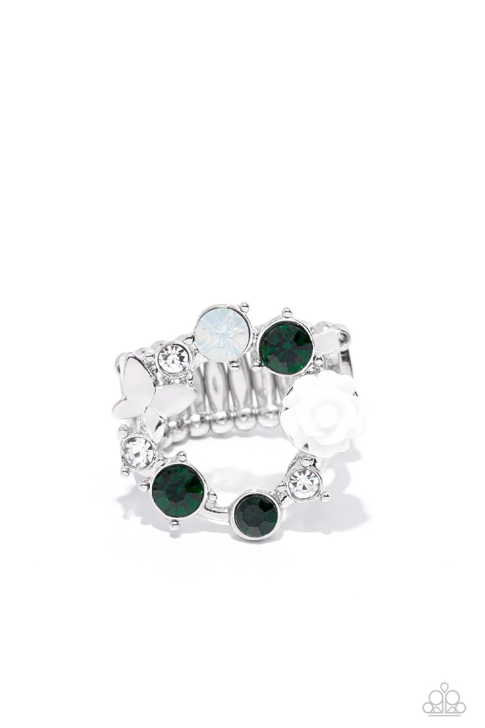 Butterfly Bustle Green, Opal and White Rhinestone Ring - Paparazzi Accessories