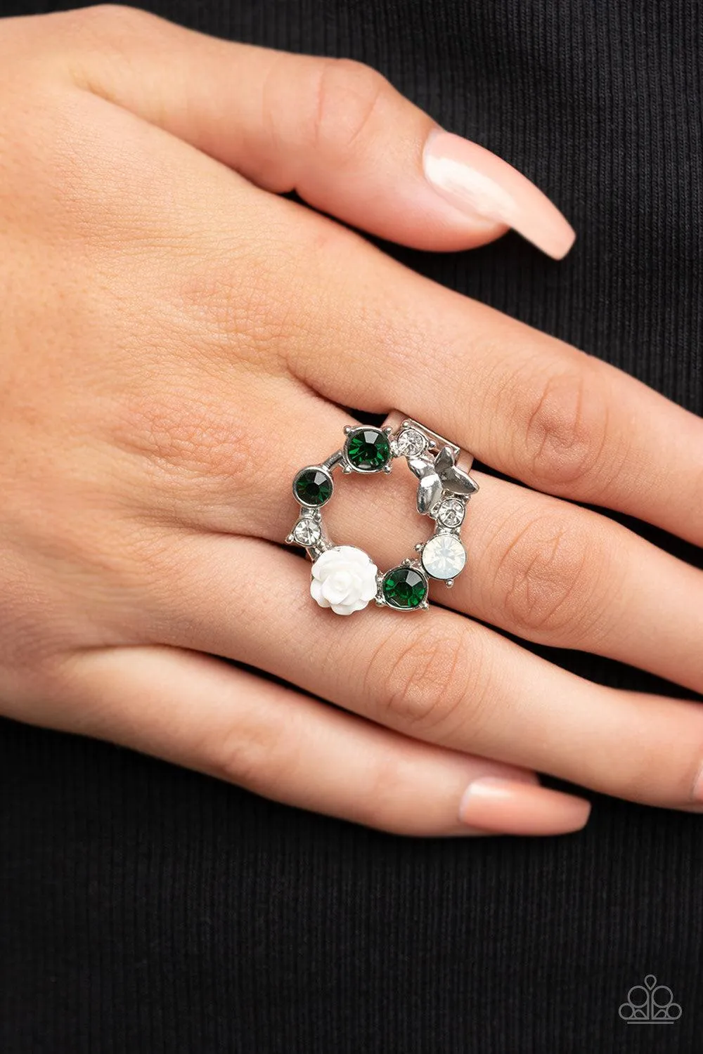 Butterfly Bustle Green, Opal and White Rhinestone Ring - Paparazzi Accessories