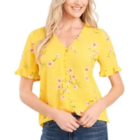 CeCe Womens Floral Ruffled Button-Down Top