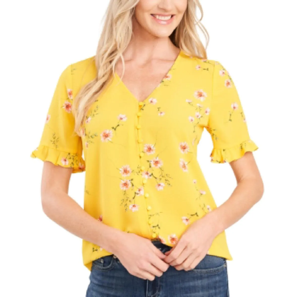 CeCe Womens Floral Ruffled Button-Down Top