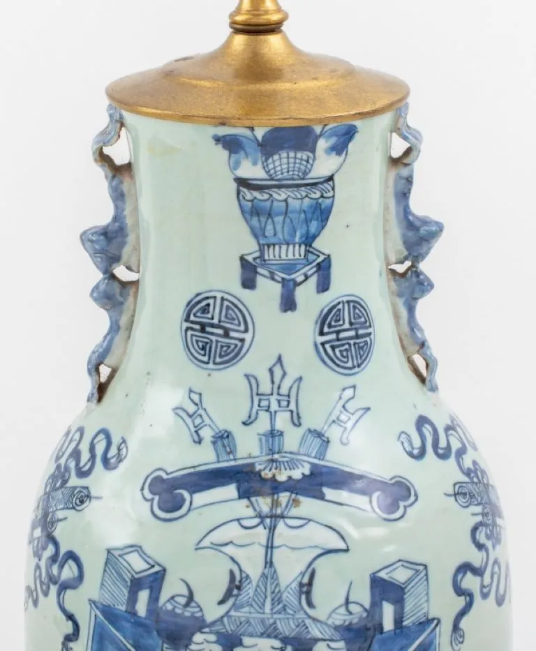 Chinese Blue Celadon Porcelain Vase Mounted Lamp