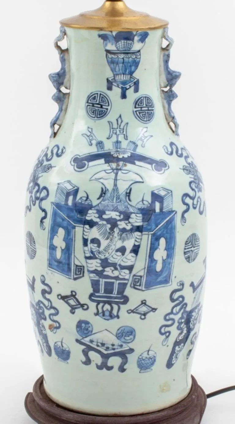 Chinese Blue Celadon Porcelain Vase Mounted Lamp