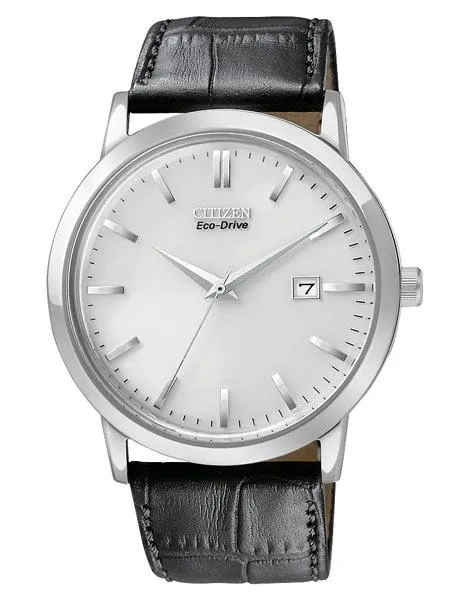 Citizen Eco-Drive Mens Strap Watch - Silver-Tone Dial - Leather - Stainless Case