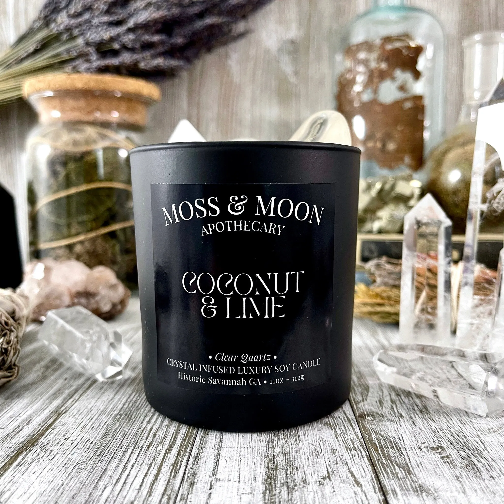 Coconut and Lime Candle with Clear Quartz - Moss & Moon Apothecary Luxury Soy Crystal Candle /