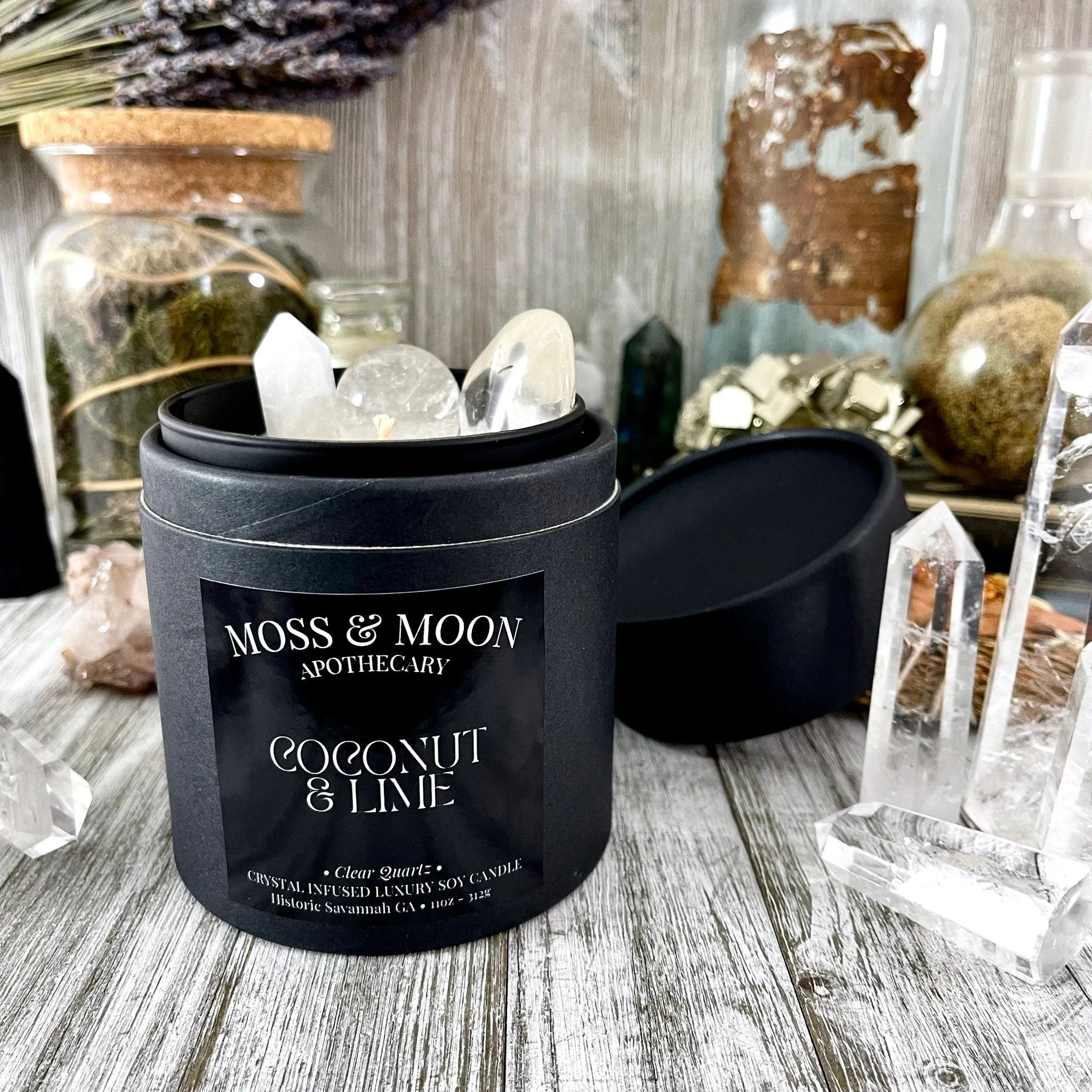 Coconut and Lime Candle with Clear Quartz - Moss & Moon Apothecary Luxury Soy Crystal Candle /