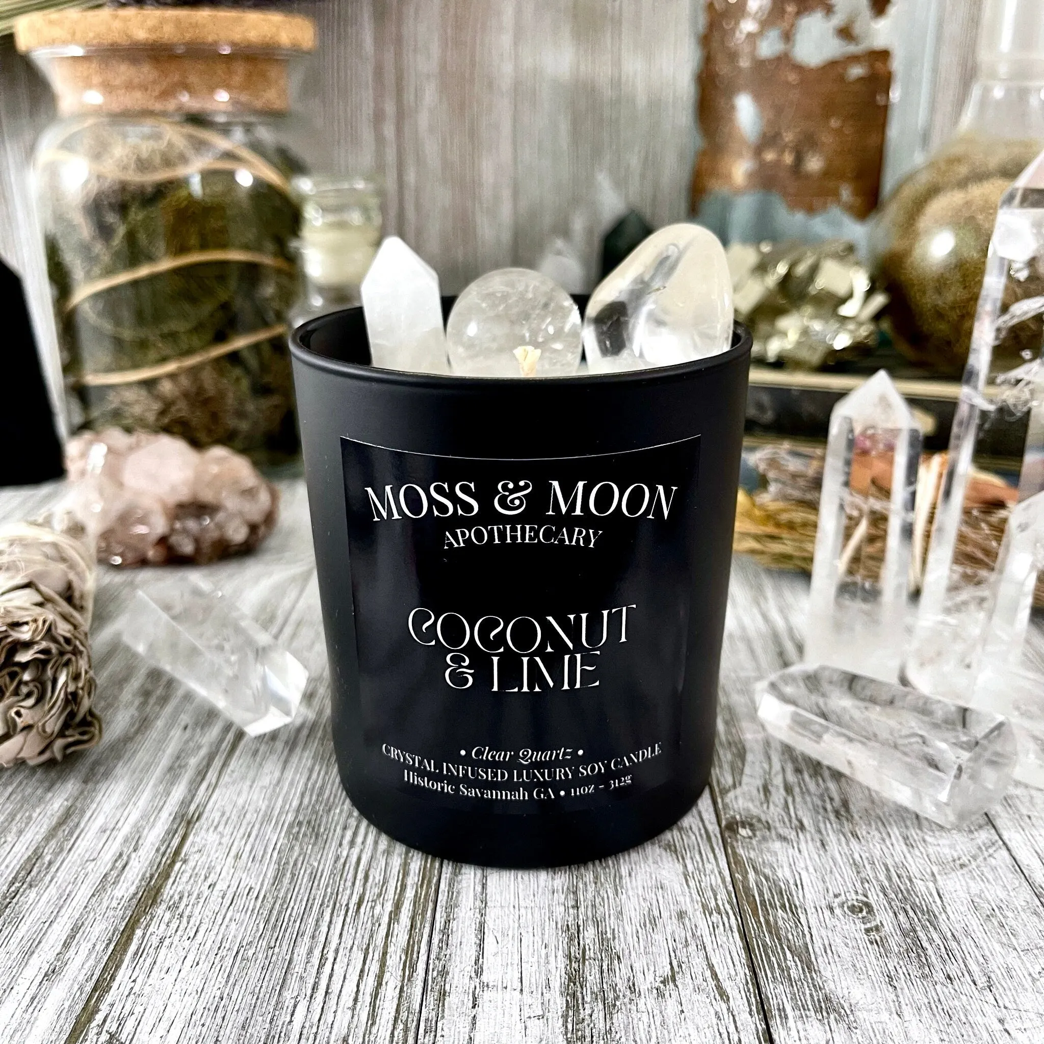 Coconut and Lime Candle with Clear Quartz - Moss & Moon Apothecary Luxury Soy Crystal Candle /