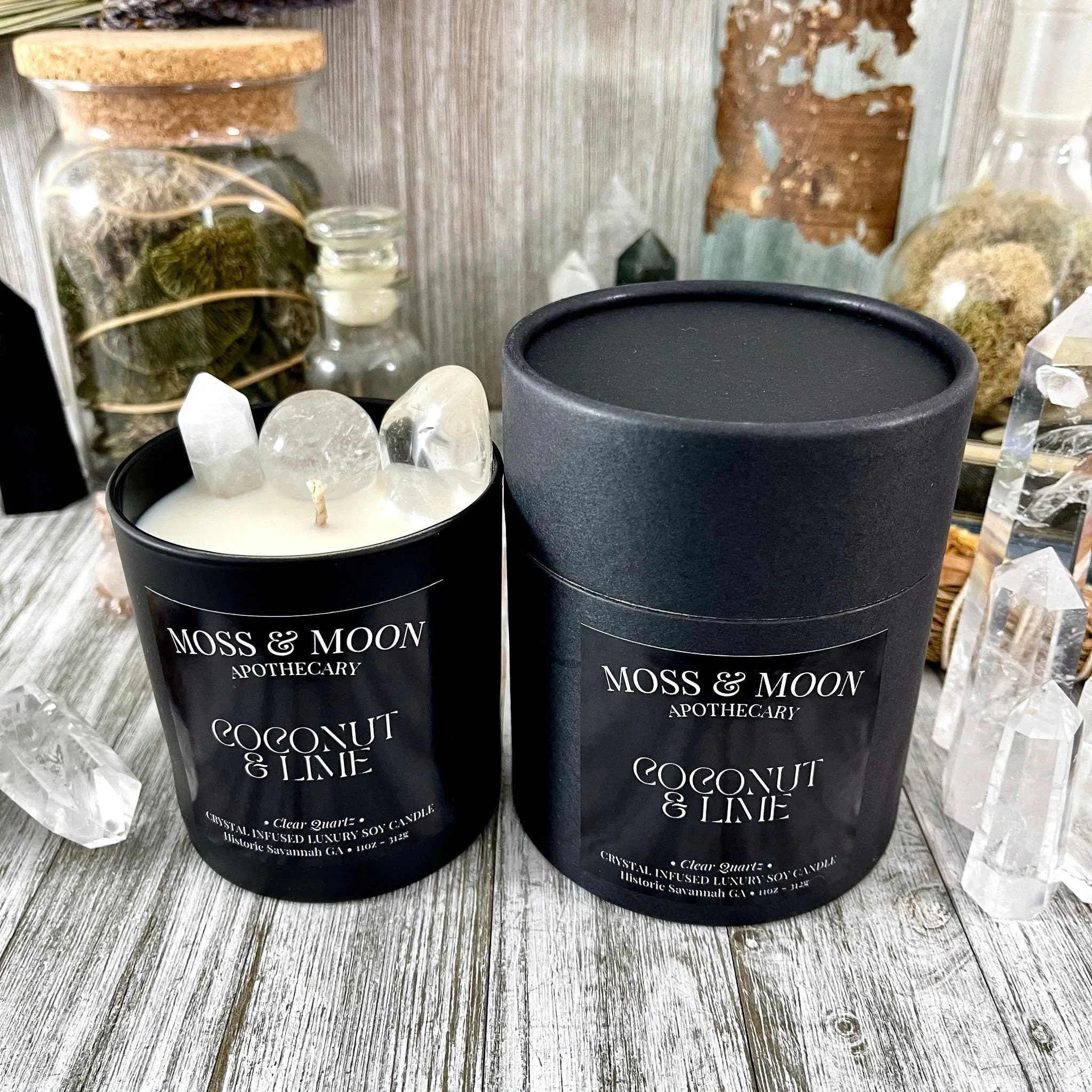 Coconut and Lime Candle with Clear Quartz - Moss & Moon Apothecary Luxury Soy Crystal Candle /